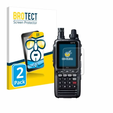 Parte frontal de un envase de producto con el logotipo de la marca BROTECT. Al lado se muestra el dispositivo Yaesu FTA-850L c