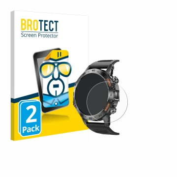 Parte frontal de un envase de producto con el logotipo de la marca BROTECT. Al lado se muestra el dispositivo Lemfo Smartwatch