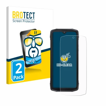 Parte frontal de un envase de producto con el logotipo de la marca BROTECT. Al lado se muestra el dispositivo Cubot King Kong 