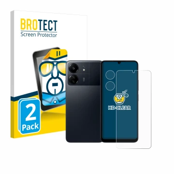 Parte frontal de un envase de producto con el logotipo de la marca BROTECT. Al lado se muestra el dispositivo Xiaomi Poco C65 