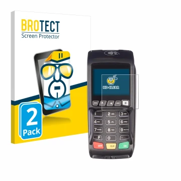 Parte frontal de un envase de producto con el logotipo de la marca BROTECT. Al lado se muestra el dispositivo ingenico Desk/35