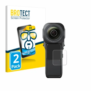 Parte frontal de un envase de producto con el logotipo de la marca BROTECT. Al lado se muestra el dispositivo Insta360 One RS 