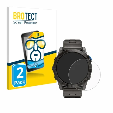 Parte frontal de un envase de producto con el logotipo de la marca BROTECT. Al lado se muestra el dispositivo Garmin D2 Mach1 