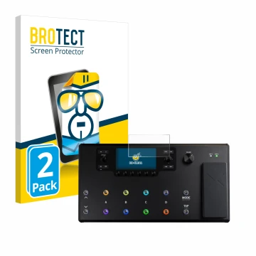 Parte frontal de un envase de producto con el logotipo de la marca BROTECT. Al lado se muestra el dispositivo Line 6 Helix LT 