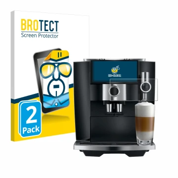 Parte frontal de un envase de producto con el logotipo de la marca BROTECT. Al lado se muestra el dispositivo Jura J8 twin con