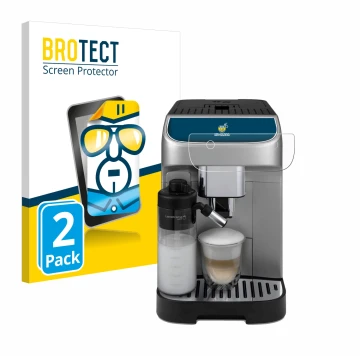Parte frontal de un envase de producto con el logotipo de la marca BROTECT. Al lado se muestra el dispositivo DeLonghi Magnifi