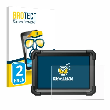 Parte frontal de un envase de producto con el logotipo de la marca BROTECT. Al lado se muestra el dispositivo Launch X-431 Pro