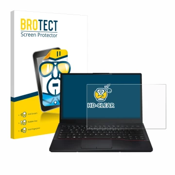Parte frontal de un envase de producto con el logotipo de la marca BROTECT. Al lado se muestra el dispositivo Fujitsu Lifebook