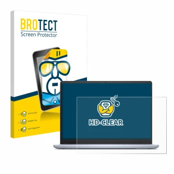 Parte frontal de un envase de producto con el logotipo de la marca BROTECT. Al lado se muestra el dispositivo Dell Inspiron 14