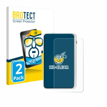 Parte frontal de un envase de producto con el logotipo de la marca BROTECT. Al lado se muestra el dispositivo Timekettle Fluen