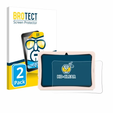 Parte frontal de un envase de producto con el logotipo de la marca BROTECT. Al lado se muestra el dispositivo Doogee U10 Kid c