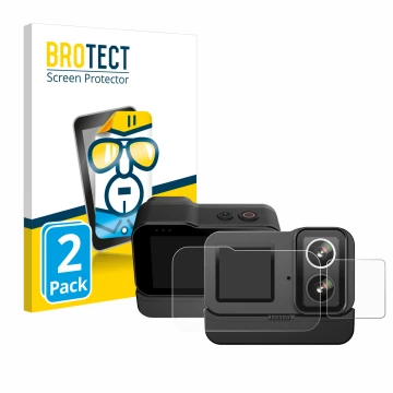 Parte frontal de un envase de producto con el logotipo de la marca BROTECT. Al lado se muestra el dispositivo SJCAM SJ20 Dual 