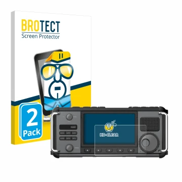 Parte frontal de un envase de producto con el logotipo de la marca BROTECT. Al lado se muestra el dispositivo Xiegu X6200 con 