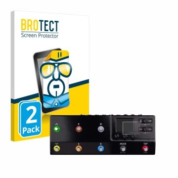 Parte frontal de un envase de producto con el logotipo de la marca BROTECT. Al lado se muestra el dispositivo Line 6 hx stomp 