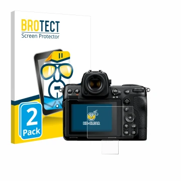 Parte frontal de un envase de producto con el logotipo de la marca BROTECT. Al lado se muestra el dispositivo Nikon Z 8 (Panta