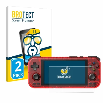 Parte frontal de un envase de producto con el logotipo de la marca BROTECT. Al lado se muestra el dispositivo Retroid Pocket 4