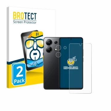Parte frontal de un envase de producto con el logotipo de la marca BROTECT. Al lado se muestra el dispositivo Xiaomi Redmi Not