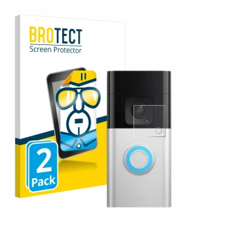 Parte frontal de un envase de producto con el logotipo de la marca BROTECT. Al lado se muestra el dispositivo Ring Video Doorb