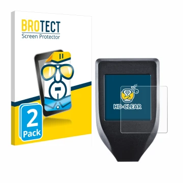 Parte frontal de un envase de producto con el logotipo de la marca BROTECT. Al lado se muestra el dispositivo Trezor Model T c