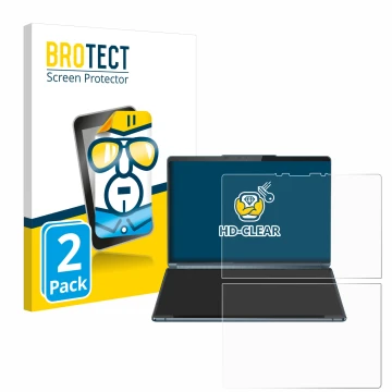 Parte frontal de un envase de producto con el logotipo de la marca BROTECT. Al lado se muestra el dispositivo Lenovo Yoga Book