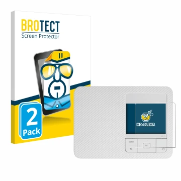 Parte frontal de un envase de producto con el logotipo de la marca BROTECT. Al lado se muestra el dispositivo Canon Selphy CP1