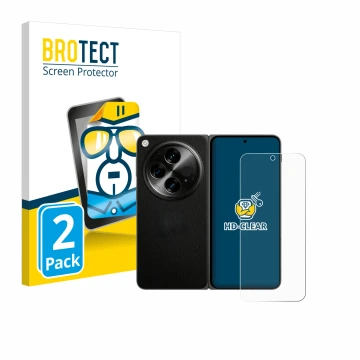 Parte frontal de un envase de producto con el logotipo de la marca BROTECT. Al lado se muestra el dispositivo OnePlus Open (ca