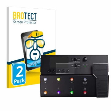 Parte frontal de un envase de producto con el logotipo de la marca BROTECT. Al lado se muestra el dispositivo Line 6 POD Go co