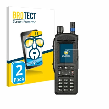 Parte frontal de un envase de producto con el logotipo de la marca BROTECT. Al lado se muestra el dispositivo Motorola MTP6650