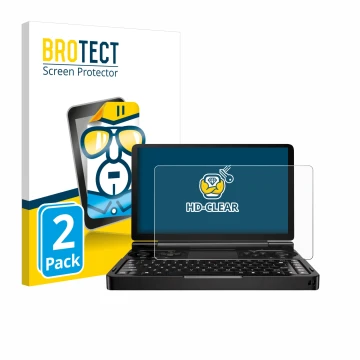 Parte frontal de un envase de producto con el logotipo de la marca BROTECT. Al lado se muestra el dispositivo GPD Win Mini (20