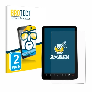 Parte frontal de un envase de producto con el logotipo de la marca BROTECT. Al lado se muestra el dispositivo Volvo EX30 12.3