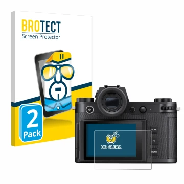 Parte frontal de un envase de producto con el logotipo de la marca BROTECT. Al lado se muestra el dispositivo Leica SL3 con su