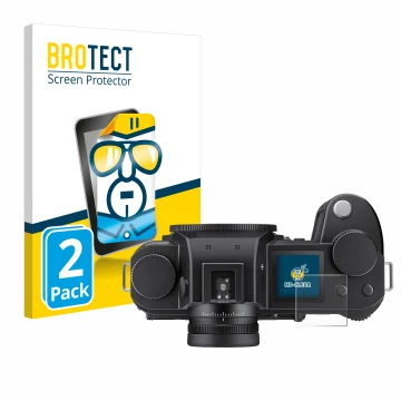 Parte frontal de un envase de producto con el logotipo de la marca BROTECT. Al lado se muestra el dispositivo Leica SL3 (panta