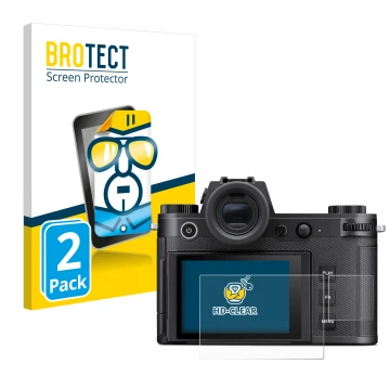 Parte frontal de un envase de producto con el logotipo de la marca BROTECT. Al lado se muestra el dispositivo Leica SL3 (Panta