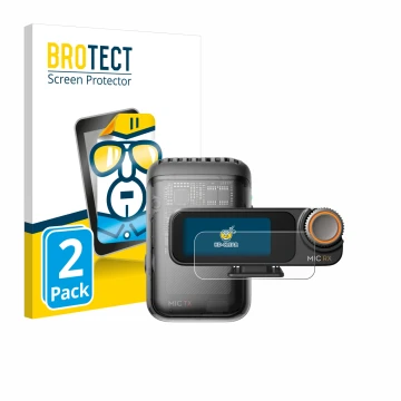 Parte frontal de un envase de producto con el logotipo de la marca BROTECT. Al lado se muestra el dispositivo DJI Mic 2 (Recei