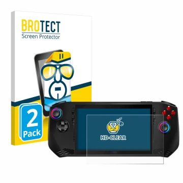 Parte frontal de un envase de producto con el logotipo de la marca BROTECT. Al lado se muestra el dispositivo MSI Claw A1M con