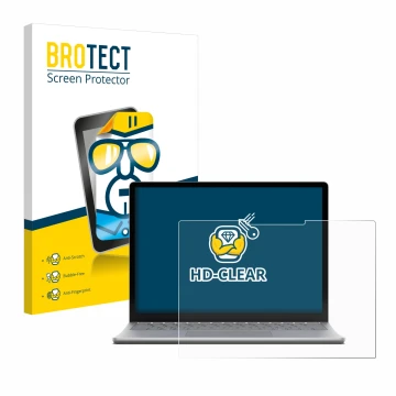 Parte frontal de un envase de producto con el logotipo de la marca BROTECT. Al lado se muestra el dispositivo Microsoft Surfac