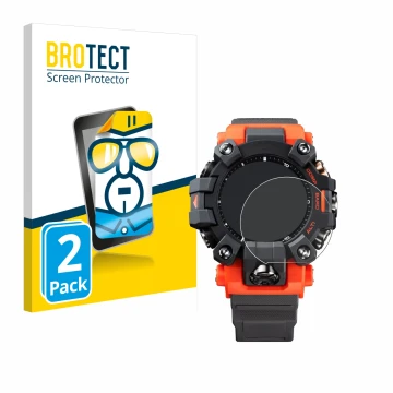 Parte frontal de un envase de producto con el logotipo de la marca BROTECT. Al lado se muestra el dispositivo Casio G-Shock GW