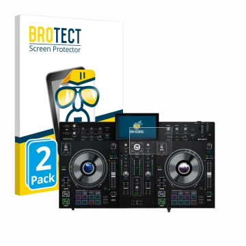 Parte frontal de un envase de producto con el logotipo de la marca BROTECT. Al lado se muestra el dispositivo Denon DJ Prime 2