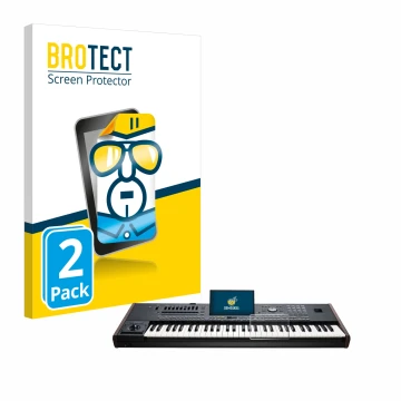 Parte frontal de un envase de producto con el logotipo de la marca BROTECT. Al lado se muestra el dispositivo KORG Pa5X con su