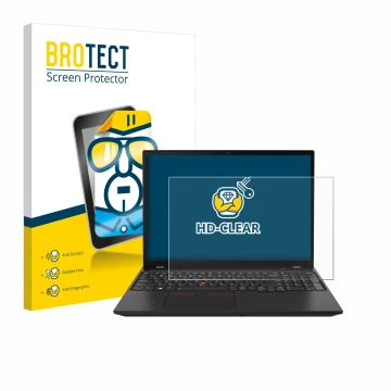 Parte frontal de un envase de producto con el logotipo de la marca BROTECT. Al lado se muestra el dispositivo Lenovo ThinkPad 