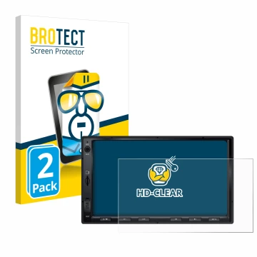 Parte frontal de un envase de producto con el logotipo de la marca BROTECT. Al lado se muestra el dispositivo Atoto F7 WE con 