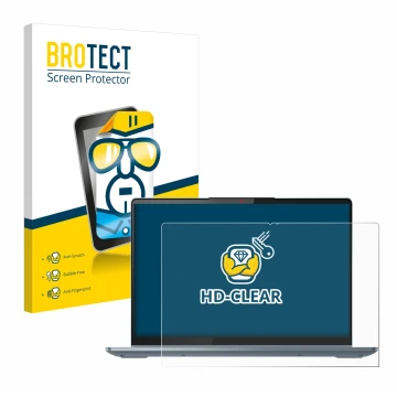 Parte frontal de un envase de producto con el logotipo de la marca BROTECT. Al lado se muestra el dispositivo Lenovo IdeaPad 5