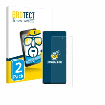 Parte frontal de un envase de producto con el logotipo de la marca BROTECT. Al lado se muestra el dispositivo Vivo X Fold3 con