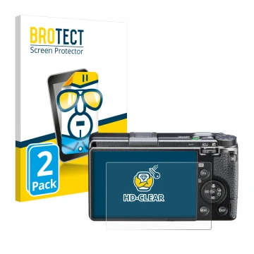 Parte frontal de un envase de producto con el logotipo de la marca BROTECT. Al lado se muestra el dispositivo Ricoh GR III HDF