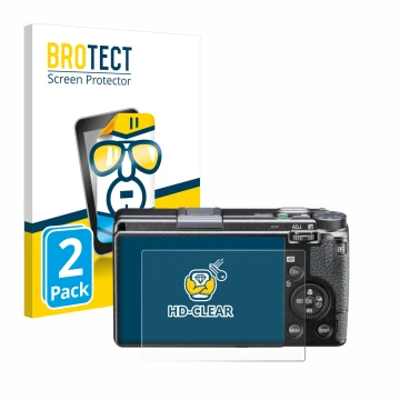 Parte frontal de un envase de producto con el logotipo de la marca BROTECT. Al lado se muestra el dispositivo Ricoh GR IIIx HD