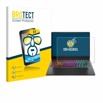 Parte frontal de un envase de producto con el logotipo de la marca BROTECT. Al lado se muestra el dispositivo HP Omen Transcen