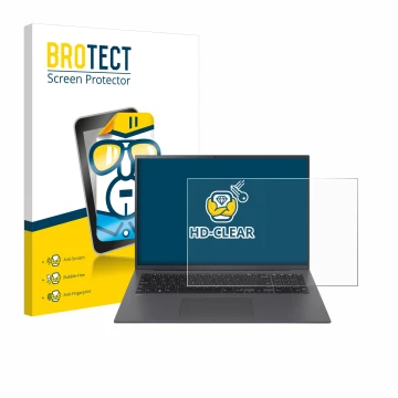 Parte frontal de un envase de producto con el logotipo de la marca BROTECT. Al lado se muestra el dispositivo LG gram 17