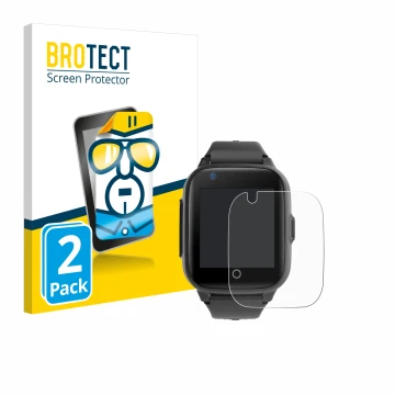 Parte frontal de un envase de producto con el logotipo de la marca BROTECT. Al lado se muestra el dispositivo Leotec Kids Allo