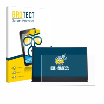 Parte frontal de un envase de producto con el logotipo de la marca BROTECT. Al lado se muestra el dispositivo Dell P1424H con 