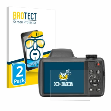 Parte frontal de un envase de producto con el logotipo de la marca BROTECT. Al lado se muestra el dispositivo Kodak Pixpro AZ5